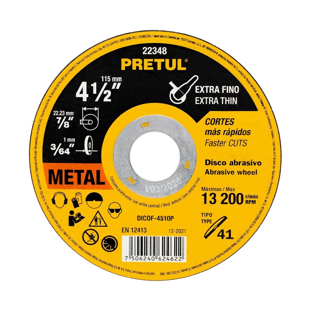 Disco Tipo 41 corte fino metal 4-1/2 1.0mm Pretul